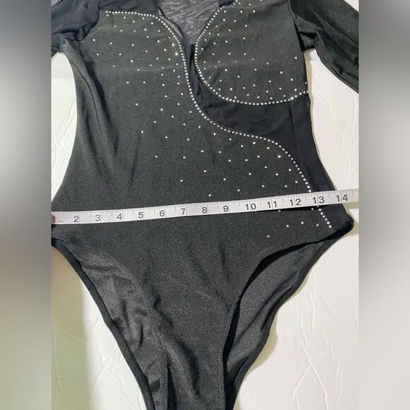 Iefiel Dance costume bodysuit leotard black mesh long sleeve rhinestone adult S - Picture 8 of 10